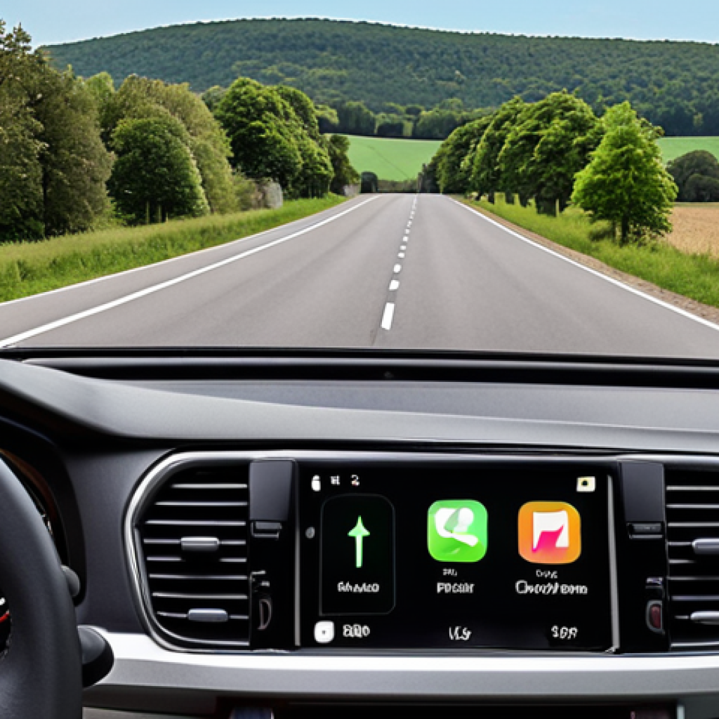 **

Prompt: Interior of a Nissan Altima, dashboard showcasing a user-friendly navigation system with real-time traffic updates, Apple CarPlay and Spotify integration, Bose sound system display, focus on a driver enjoying the technology during a road trip on a scenic French country road.

**