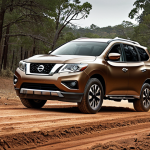 **

Prompt: A rugged, adventurous-looking Nissan Pathfinder SUV driving on a dirt road, surrounded by trees. Emphasize the car's bold grille and muscular lines. Use a color palette of earthy tones. High resolution, realistic.

**