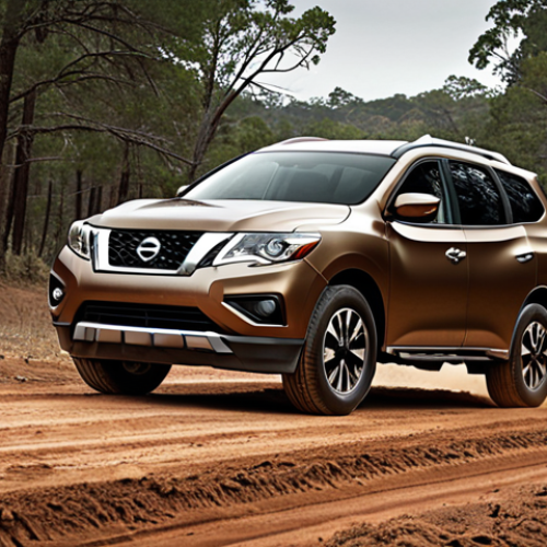 Home 6 **
Prompt: A rugged, adventurous-looking Nissan Pathfinder SUV driving on a dirt road, surrounded by trees. Emphasize the car's bold grille and muscular lines. Use a color palette of earthy tones. High resolution, realistic.
**