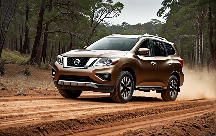 **
Prompt: A rugged, adventurous-looking Nissan Pathfinder SUV driving on a dirt road, surrounded by trees. Emphasize the car's bold grille and muscular lines. Use a color palette of earthy tones. High resolution, realistic.
**