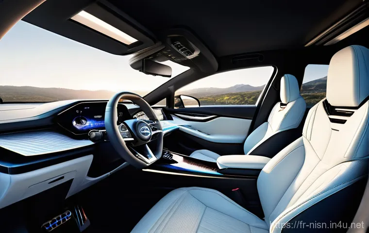 니산 아리아의 실내 공간 리뷰 - **Prompt 1: The "Rolling Lounge" Family Experience**
    "An interior shot of a futuristic electric ...