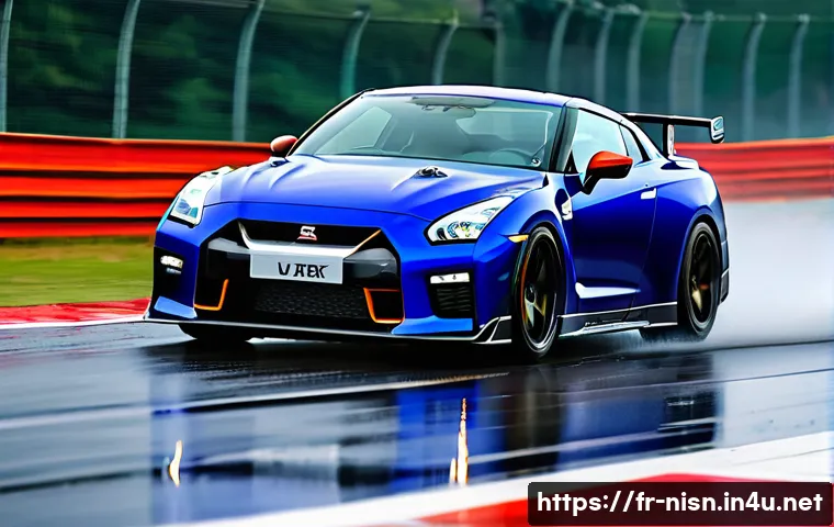 니산 GT R의 최신 트렌드 리뷰 - **Prompt:** "A stunning Nissan GT-R R35, late model, speeding on a wet French circuit during a track...