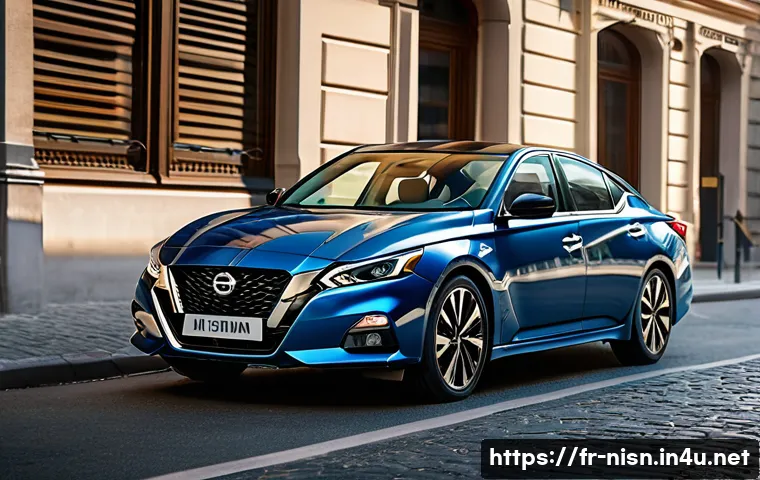 니산 알티마의 중고차 시세 - A detailed exterior shot of a modern Nissan Altima 2019 model in a French urban setting, showcasing ...