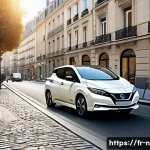 Home 22 니산 리프와 테슬라 모델 3 비교 - A sleek, modern urban scene featuring a compact Nissan Leaf parked on a narrow Parisian street lined...