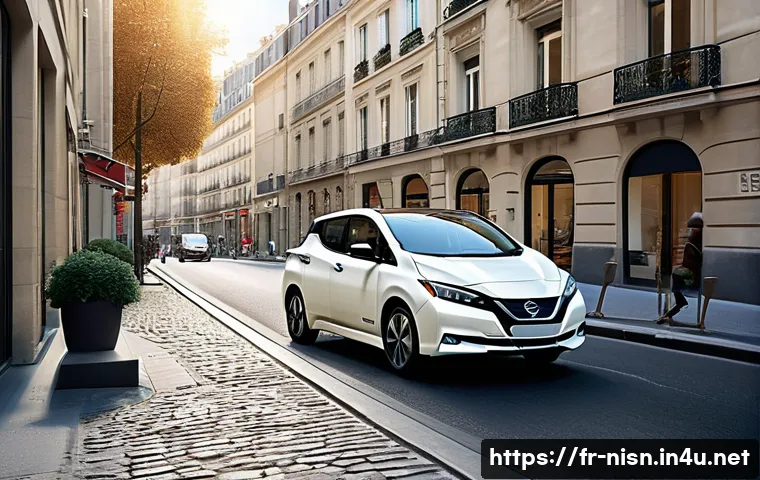 니산 리프와 테슬라 모델 3 비교 - A sleek, modern urban scene featuring a compact Nissan Leaf parked on a narrow Parisian street lined...