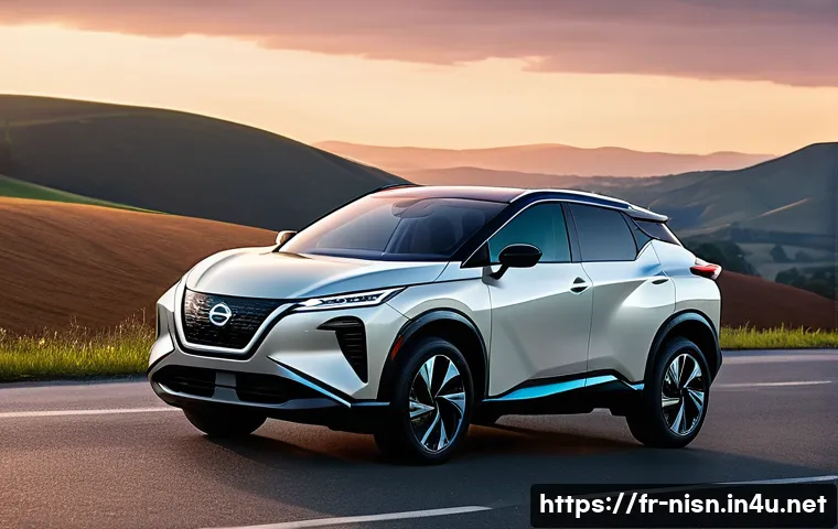 니산 리프와 닛산 아리아의 차이 - A sleek, modern electric Nissan Ariya SUV parked on a scenic countryside road at sunset, showcasing ...