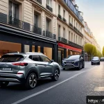 Home 19 니산 로그와 현대 투싼 비교 - A sleek, modern urban scene featuring a stylish Nissan Qashqai and Hyundai Tucson parked side by sid...