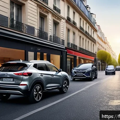 Home 31 니산 로그와 현대 투싼 비교 - A sleek, modern urban scene featuring a stylish Nissan Qashqai and Hyundai Tucson parked side by sid...