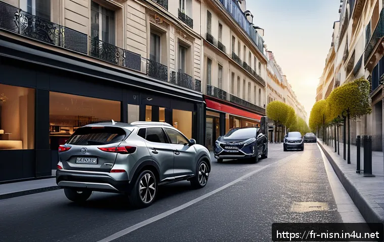 니산 로그와 현대 투싼 비교 - A sleek, modern urban scene featuring a stylish Nissan Qashqai and Hyundai Tucson parked side by sid...