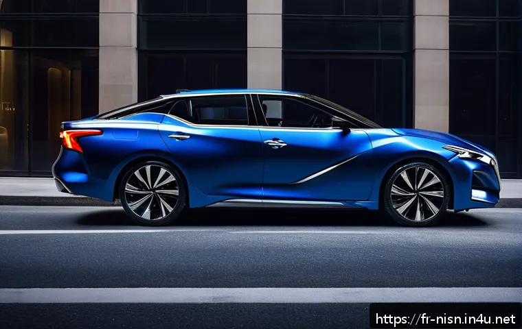니산 맥시마의 최신 디자인 리뷰 - A sleek and dynamic 2024 Nissan Maxima sedan parked on a modern urban street at dusk, showcasing its...