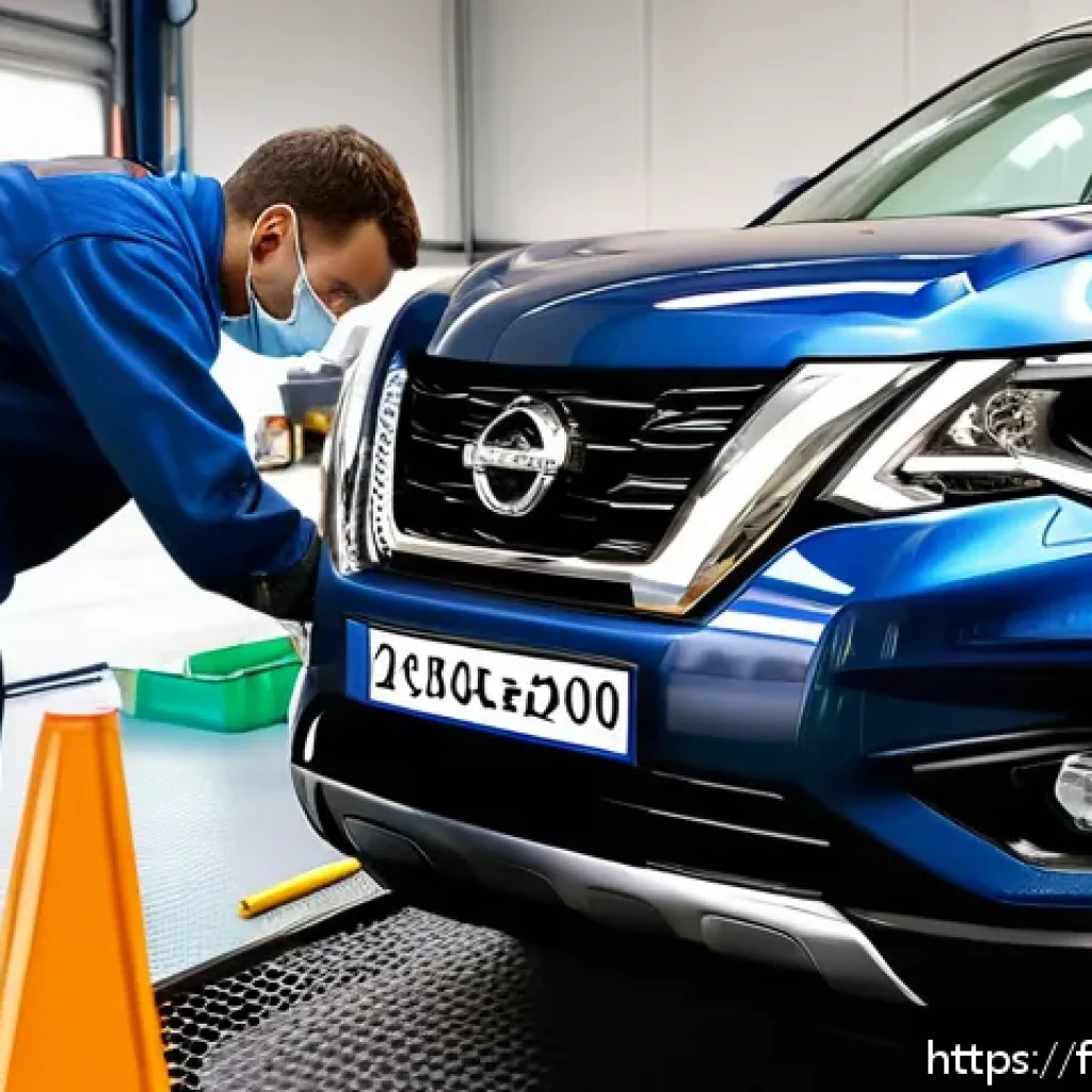 니산 패스파인더 하이브리드의 유지비 분석 - A detailed close-up of a Nissan Pathfinder Hybrid undergoing routine maintenance in a professional g...