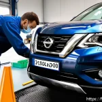 Home 23 니산 패스파인더 하이브리드의 유지비 분석 - A detailed close-up of a Nissan Pathfinder Hybrid undergoing routine maintenance in a professional g...