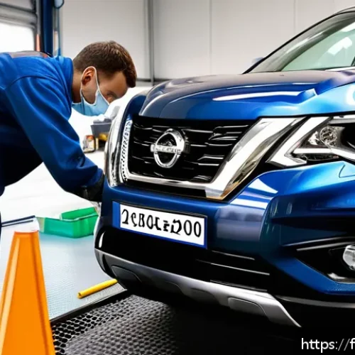 Home 17 니산 패스파인더 하이브리드의 유지비 분석 - A detailed close-up of a Nissan Pathfinder Hybrid undergoing routine maintenance in a professional g...