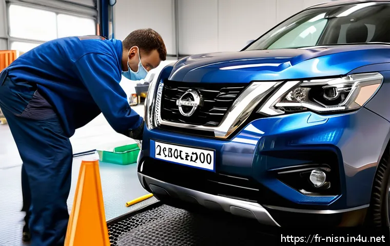 니산 패스파인더 하이브리드의 유지비 분석 - A detailed close-up of a Nissan Pathfinder Hybrid undergoing routine maintenance in a professional g...