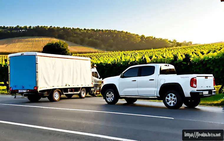 Home 17 니산 프론티어의 견인력 평가 - Photorealistic midsize pickup truck with no visible badges towing a covered dual-axle utility traile...