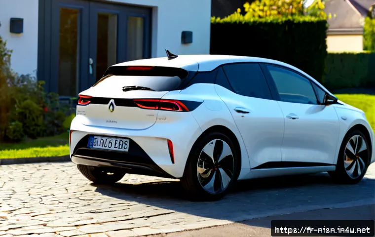 Home 17 니산 리프의 최신 소프트웨어 업데이트 - Photorealistic modern electric hatchback parked at a clean French suburban home driveway, rear three...