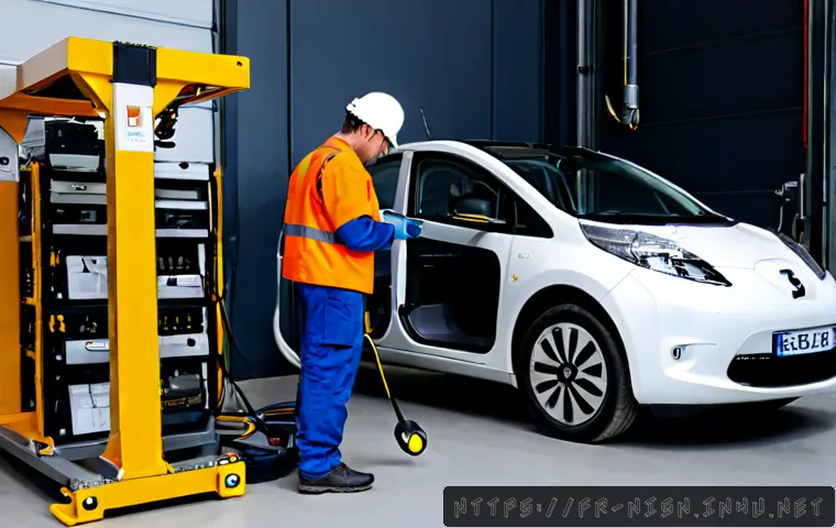 Home 17 니산 리프의 배터리 교체 비용 - Photorealistic French electric-car service workshop, compact white electric hatchback viewed from th...