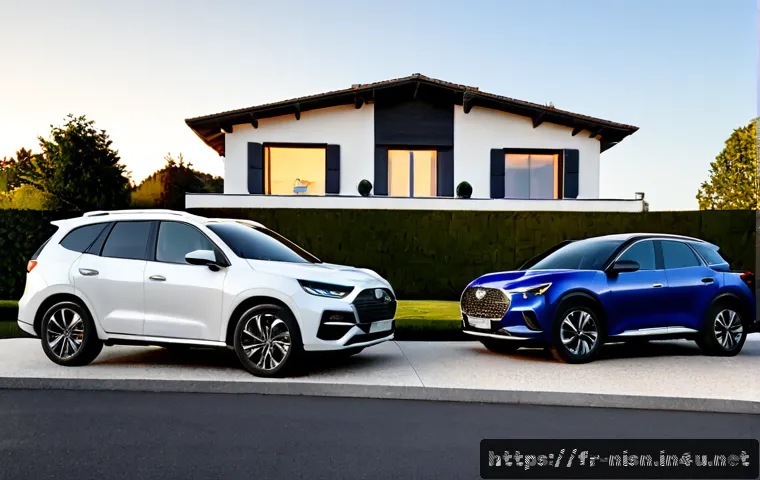 니산 로그와 혼다 CR V 비교 - Photorealistic side-by-side comparison of two modern compact family SUVs parked on a clean French su...