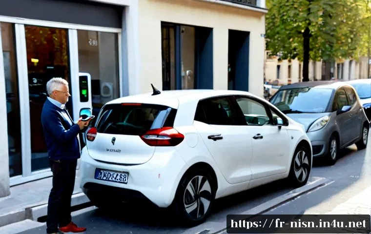 Home 17 니산 리프의 충전소 위치 확인 방법 - Photorealistic French urban street scene, a modern white electric hatchback parked beside a public E...